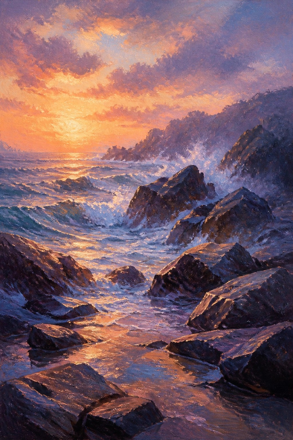 A realistic oil painting of a vibrant sunset over the ocean with waves crashing against dark rocks on a mountainous coastline.