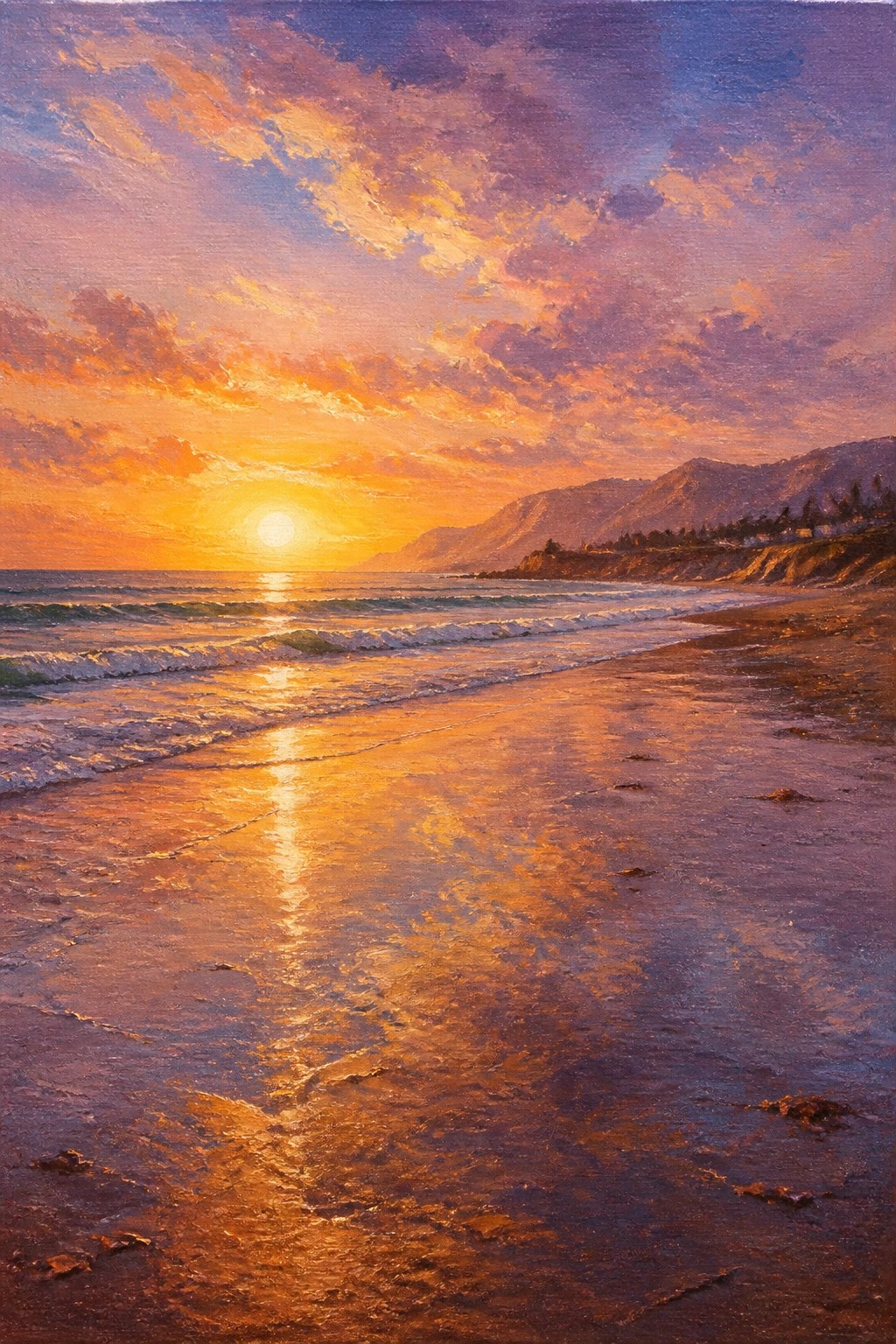 A realistic oil painting of a sunset over the ocean with the sun reflecting on the water and wet sand, waves lapping the shore, and cliffs with trees on the right side under a colorful sky.