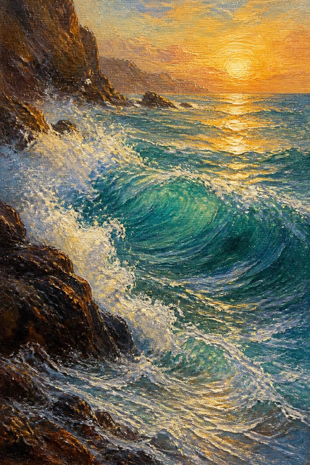 Crashing turquoise waves hit dark rocks under golden sunset sky in oil painting