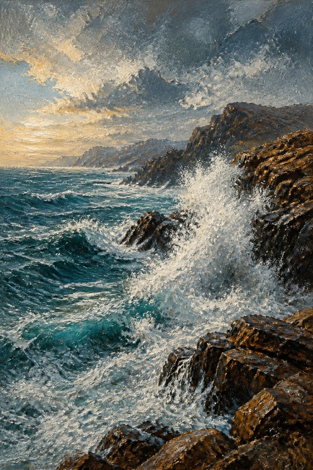 Crashing turquoise waves on jagged rocks under dramatic golden sunset clouds