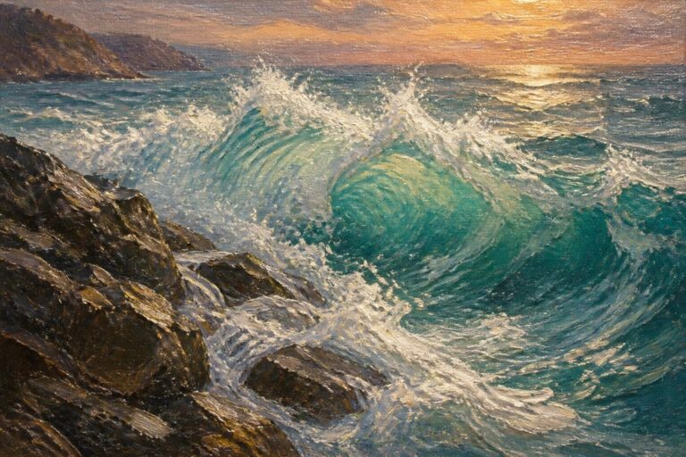 Crashing turquoise waves hit dark rocks under golden sunset sky in oil painting