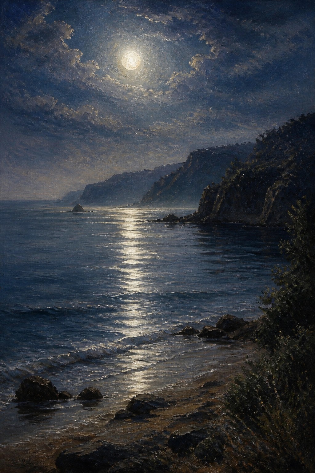 Oil painting of a full moon reflecting on the ocean at night with cliffs on the right and rocks along the shore.