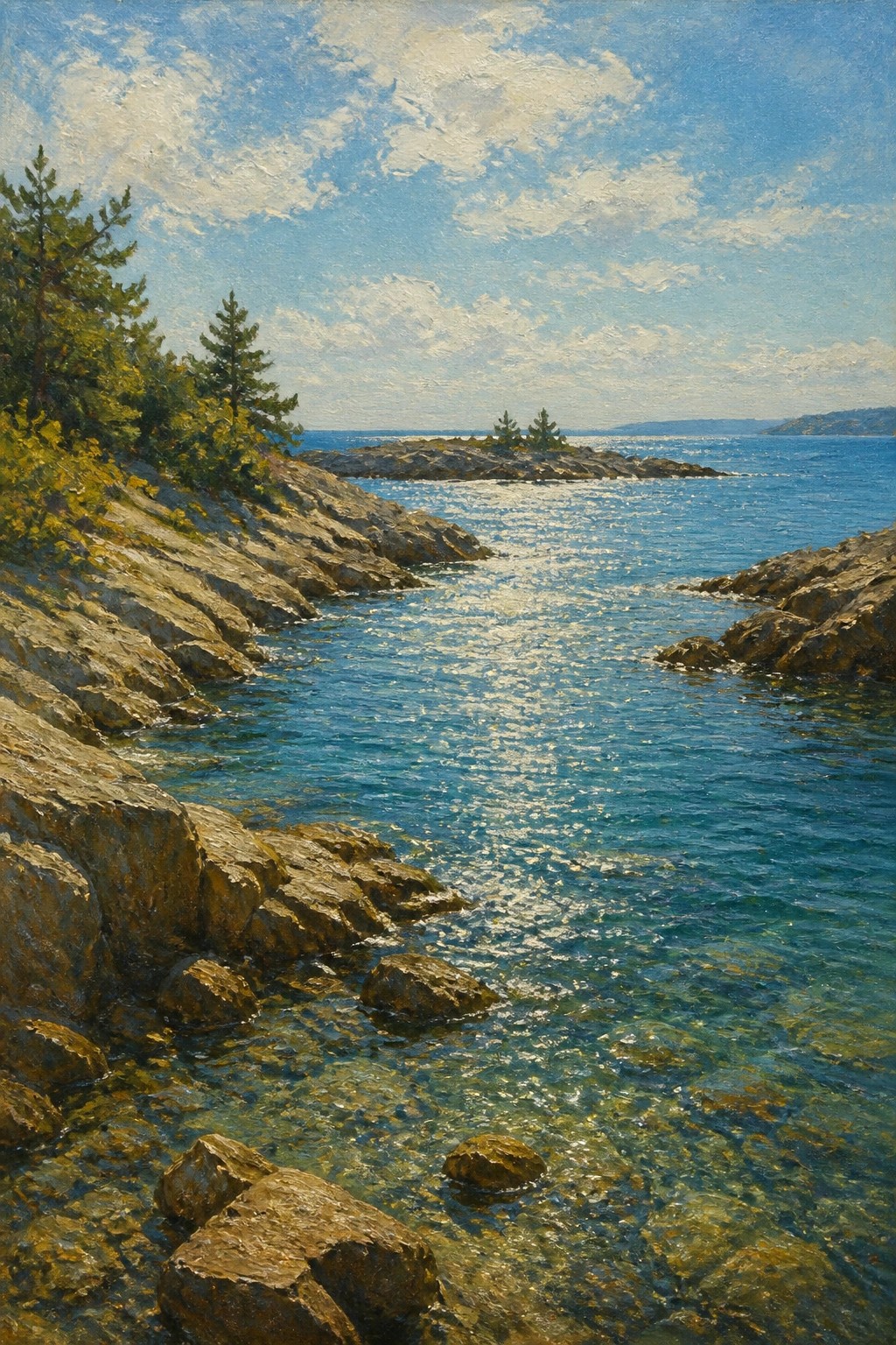 Sunlit rocky inlet with sparkling turquoise water, pine trees, and distant islands.