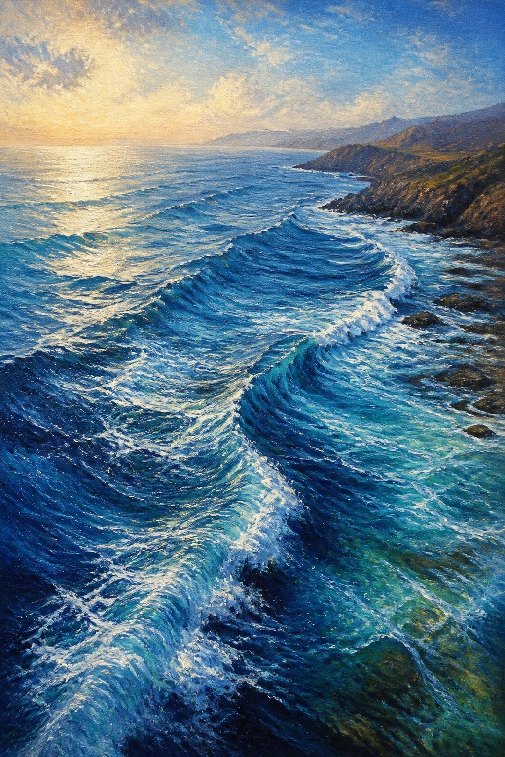 Blue waves with white foam crashing on a rocky coastline at sunset