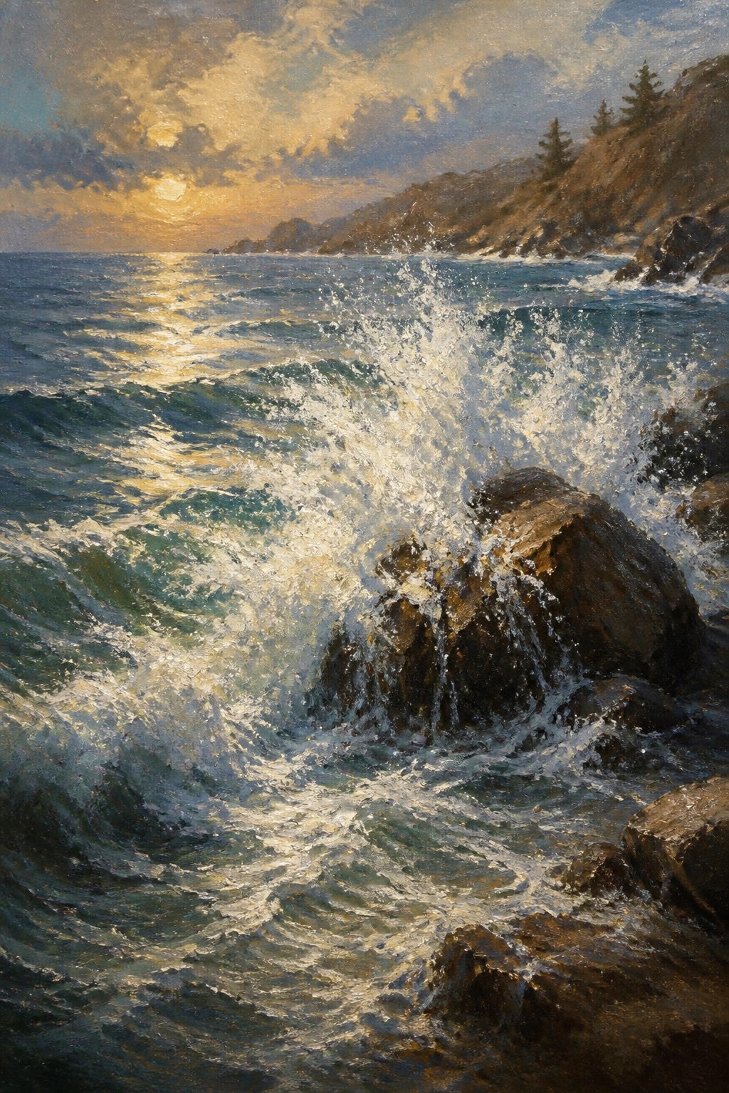 An oil painting of waves crashing against dark rocks at sunset with sunlight reflecting across the ocean and a rocky coastline in the background.