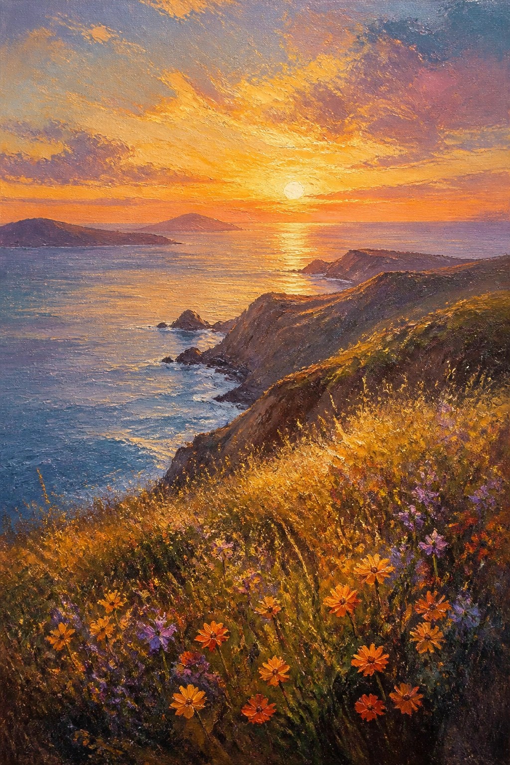 Vibrant painting of wildflowers blooming on cliffs at ocean sunset