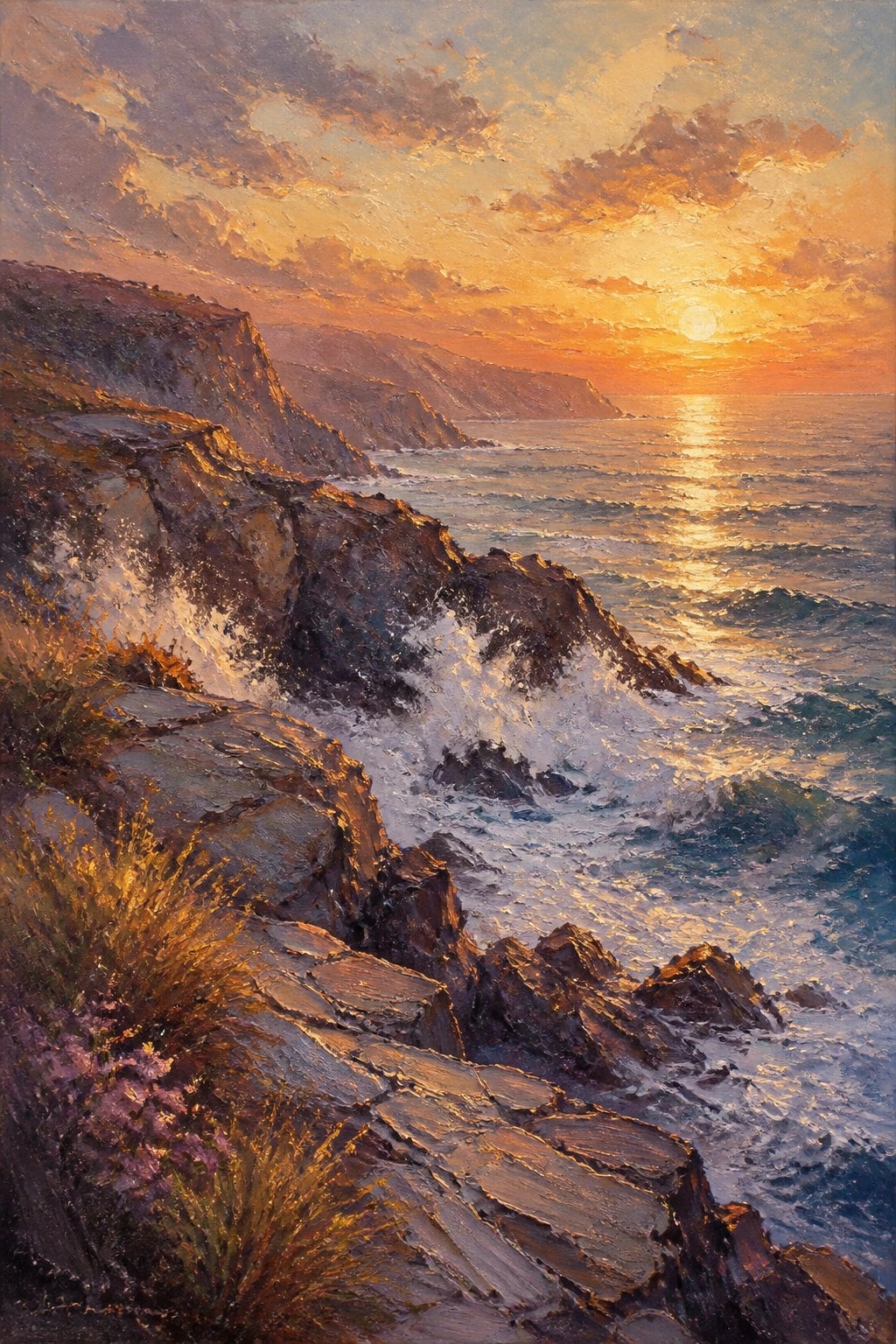 An oil painting of a rocky coastline at sunset with waves crashing on dark cliffs and the sun reflecting on the sea.