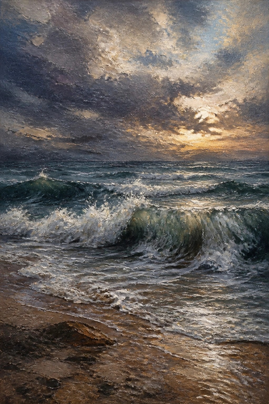 Dramatic oil painting of turbulent waves crashing on shore under stormy sunset sky