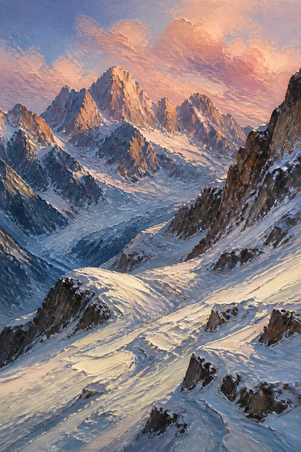 Snowy mountain peaks glowing under pink-orange sunset clouds and ridges.