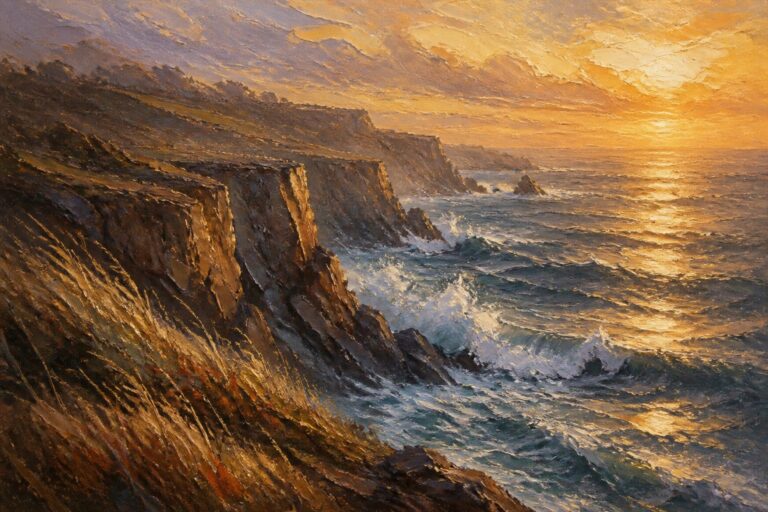 19 Dynamic Palette Knife Landscape Paintings Built Around Textured Layers An oil painting of a rocky coastline at sunset with waves crashing on dark cliffs and the sun reflecting on the sea.