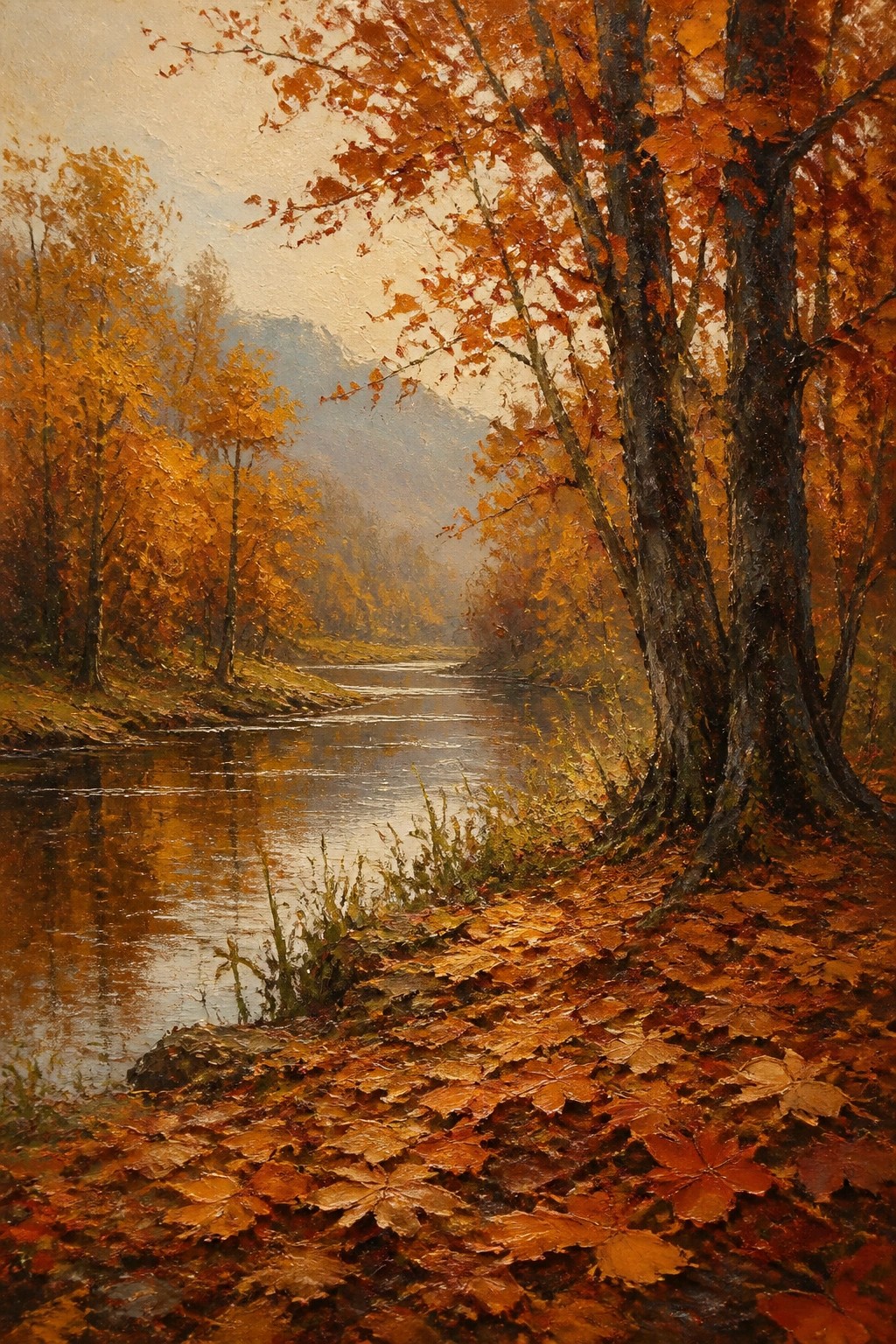 Autumn river winding through vibrant orange trees with fallen leaves on bank