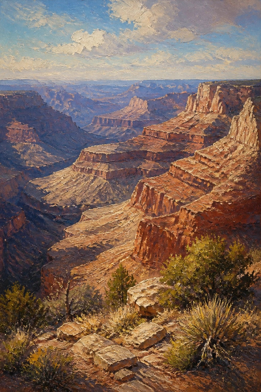 Painting of Grand Canyon with layered red cliffs, blue sky, and foreground shrubs