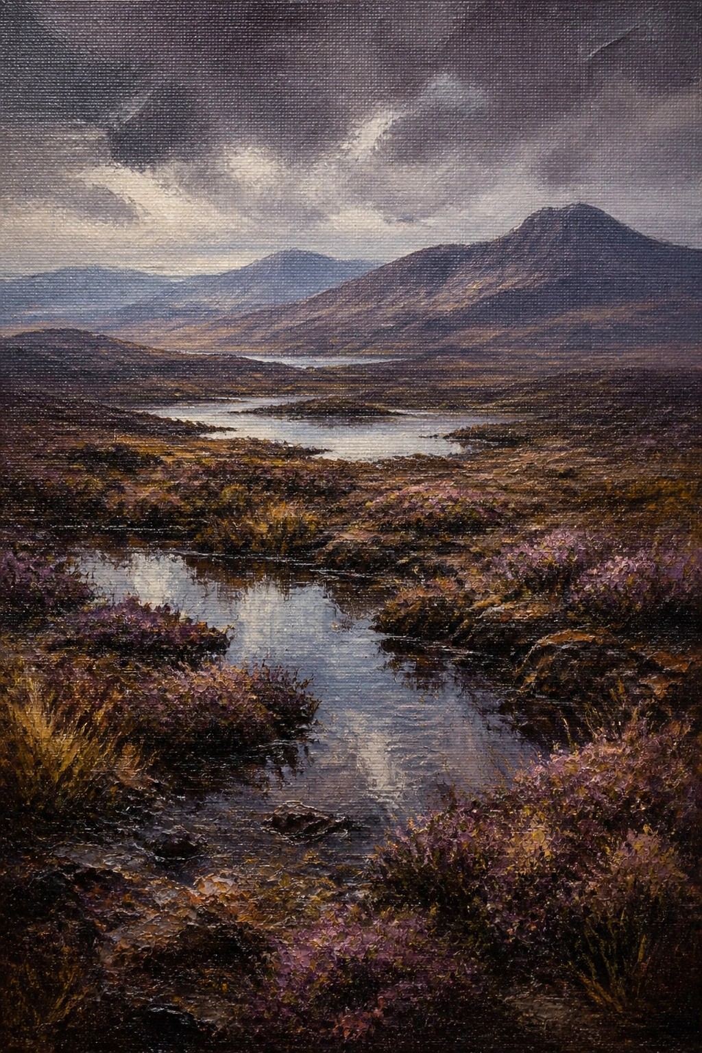 Oil painting of winding stream amid purple heather, distant mountains under dramatic cloudy skies.