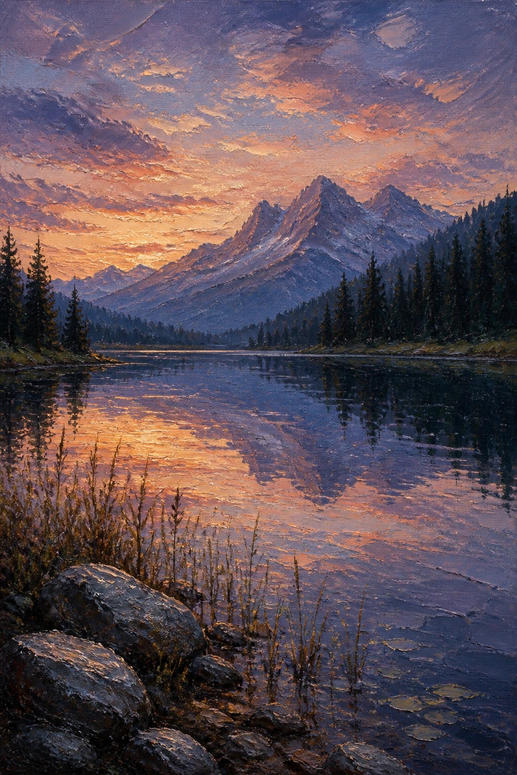 Oil painting of snow-capped mountains reflected in a lake at vibrant sunset