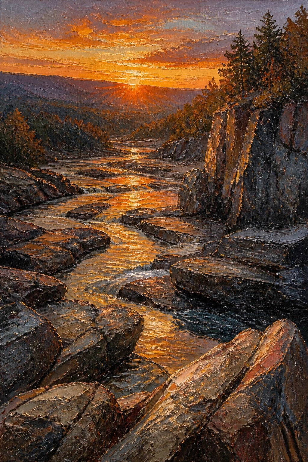 Vibrant sunset over rocky river with golden reflections and pine trees