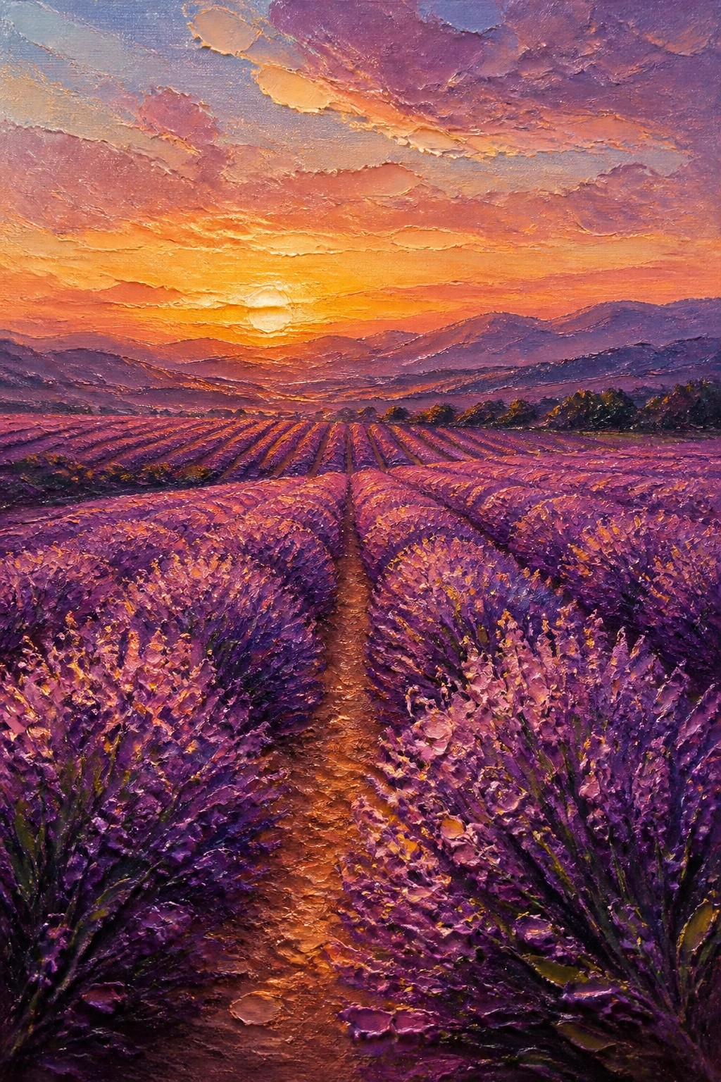 Thickly textured painting of lavender rows at vibrant orange-purple sunset with mountains.