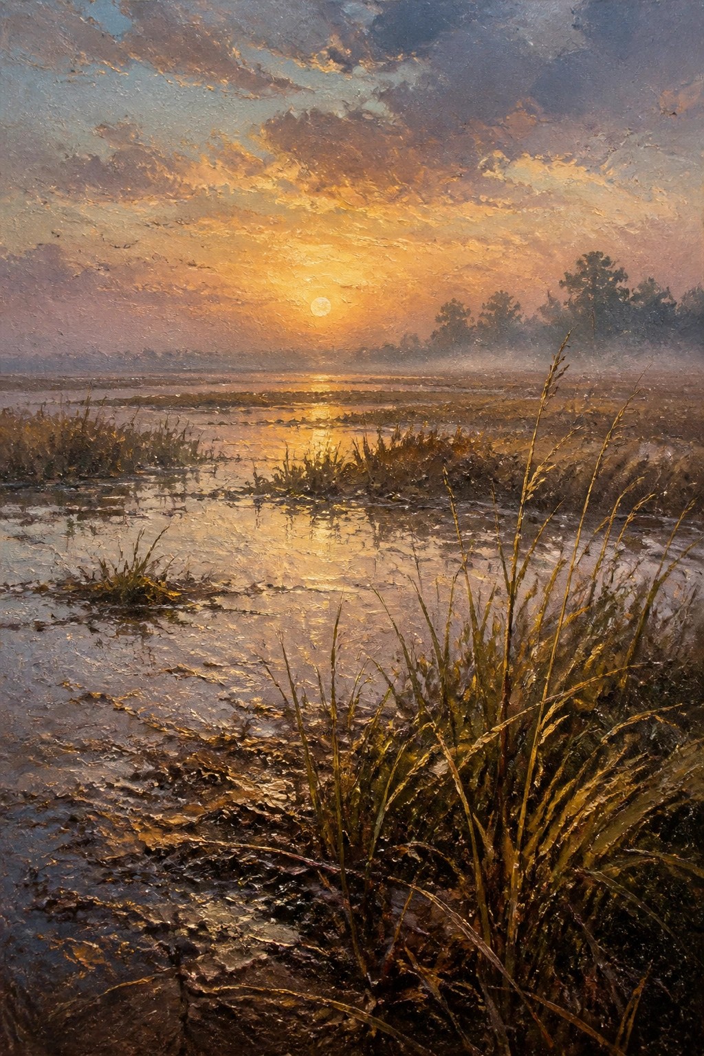 Golden sunset reflecting on misty wetland waters with foreground reeds and grasses