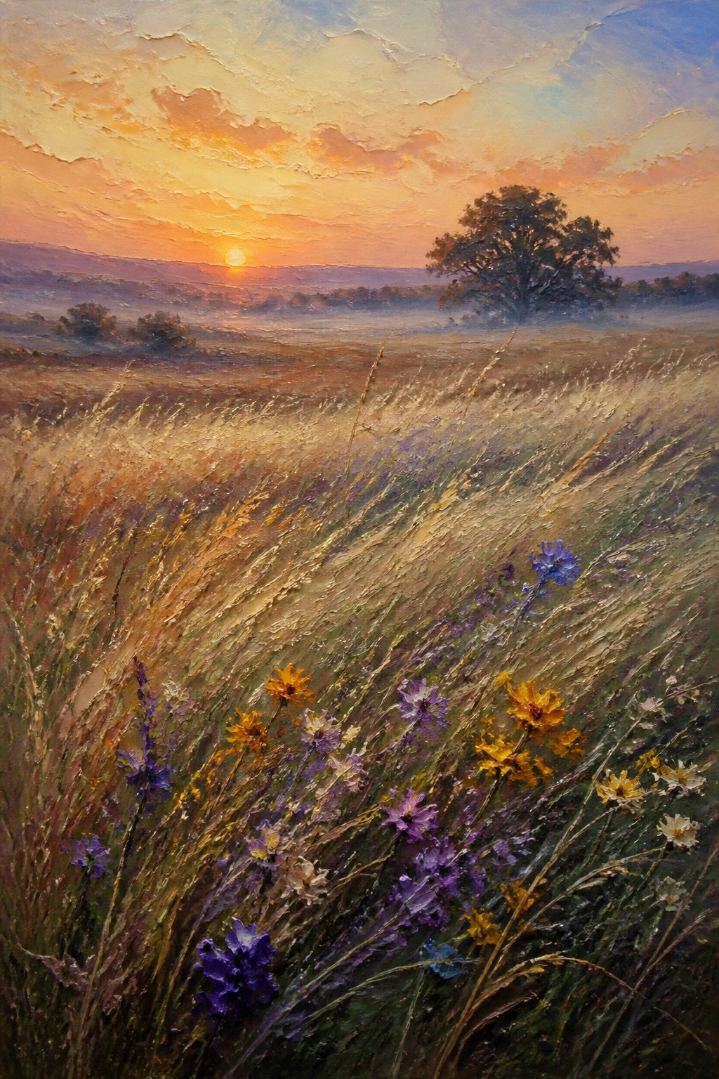 Sunset over misty meadow with golden grass and purple yellow wildflowers