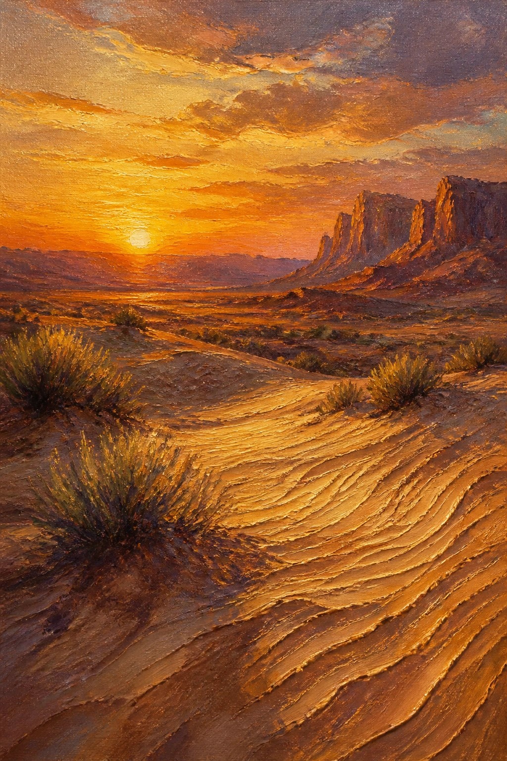 Golden sunset illuminating rippled desert dunes and rocky mesas with sparse bushes