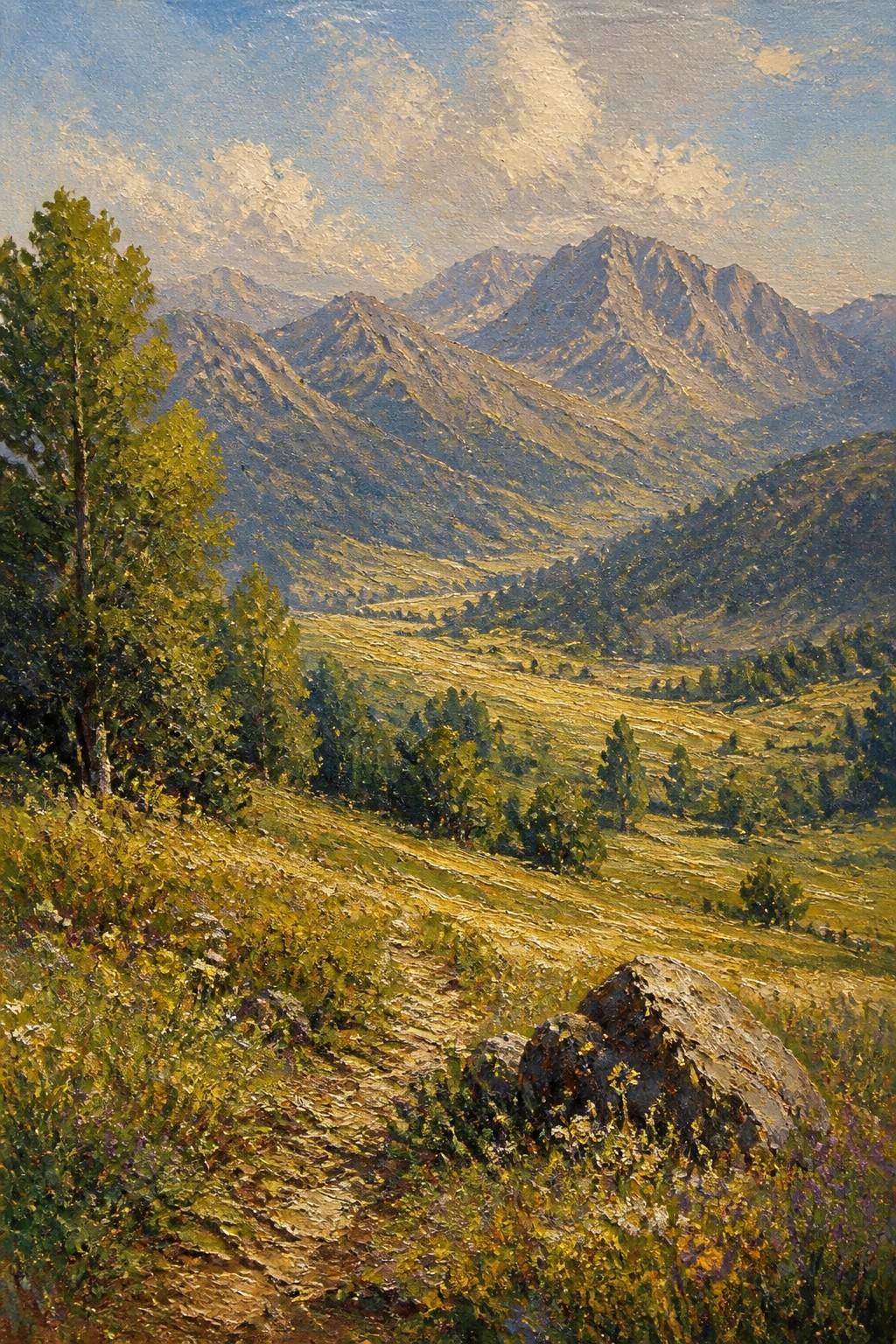 An oil painting of a mountain valley with golden fields, green trees, a dirt path, and large rocks in the foreground under a blue sky.
