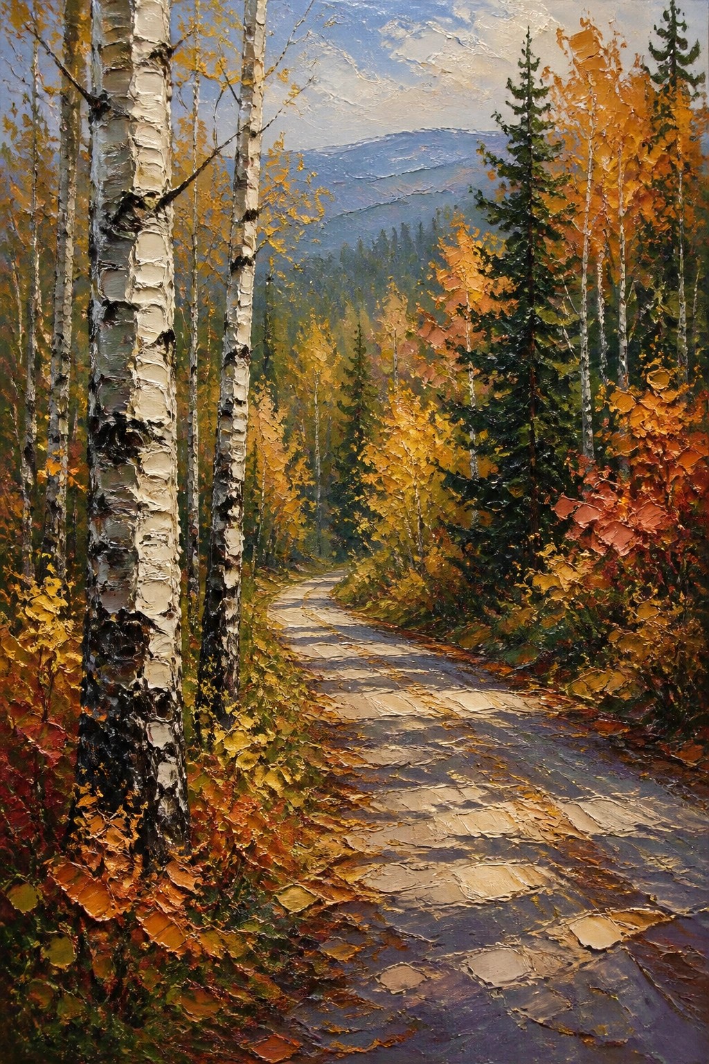 Winding autumn path through birch trees with vibrant fall foliage and mountains