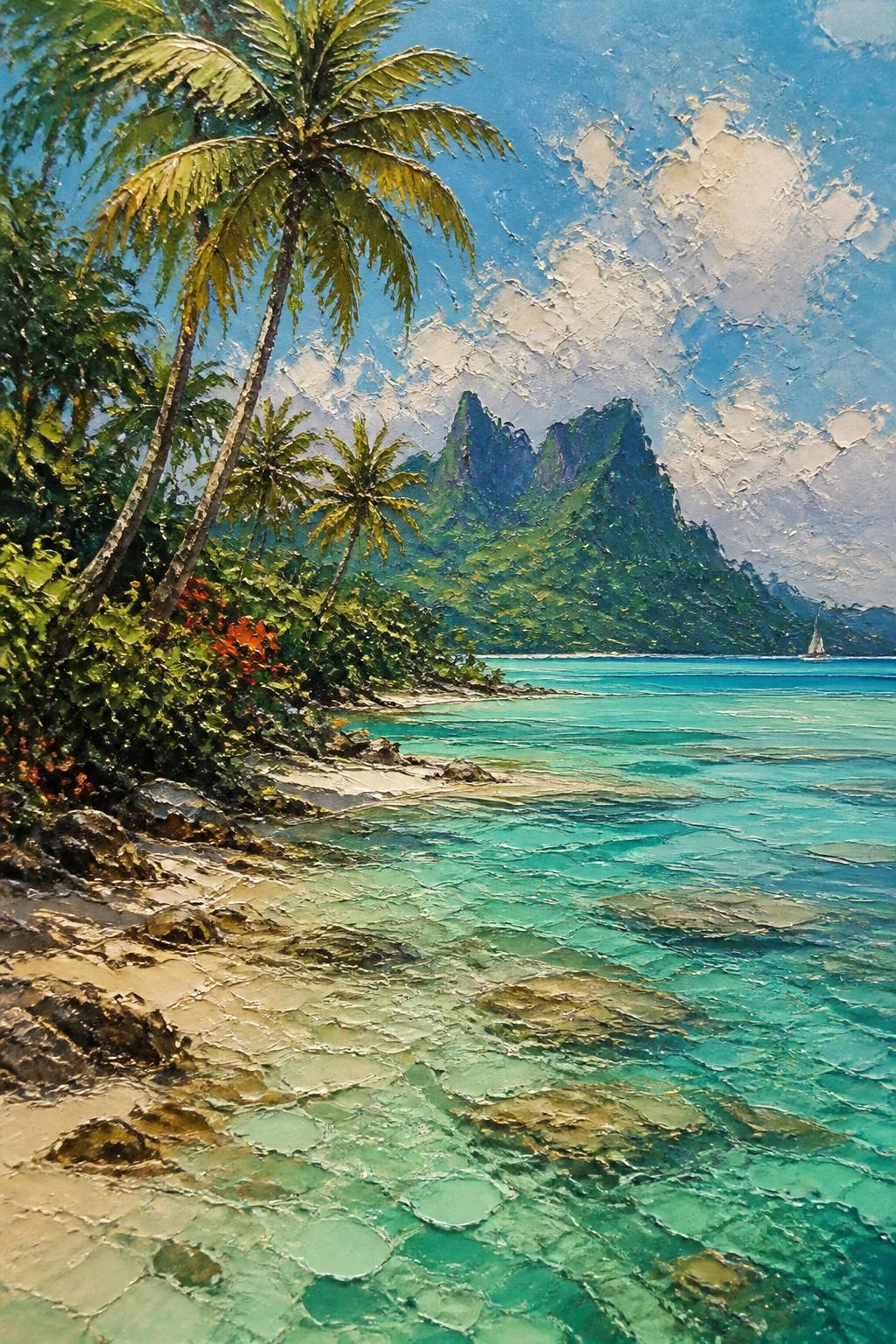 Palm trees frame turquoise lagoon, sandy beach, sailboat, and misty green mountains in vibrant painting.