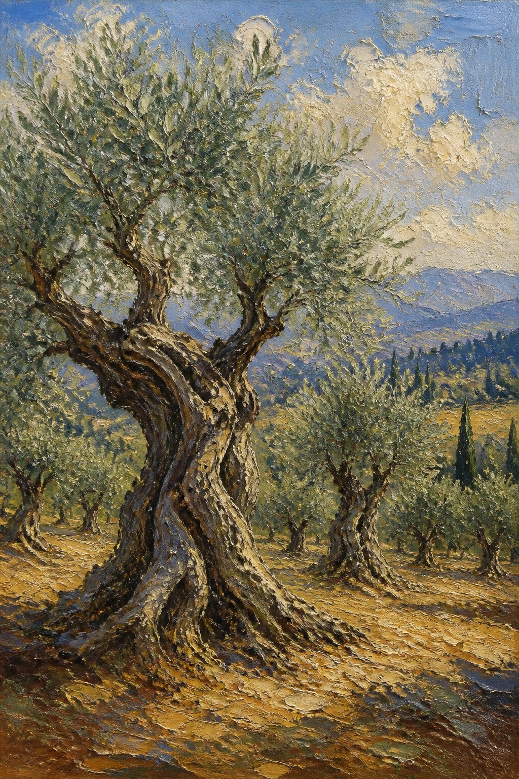 An oil painting of a large gnarled olive tree with a twisted brown trunk and green foliage in a sunny field with other trees and mountains in the distance.