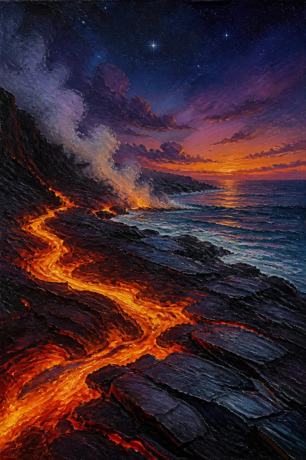 Lava flows down dark rocks into the sea under a starry sunset sky.