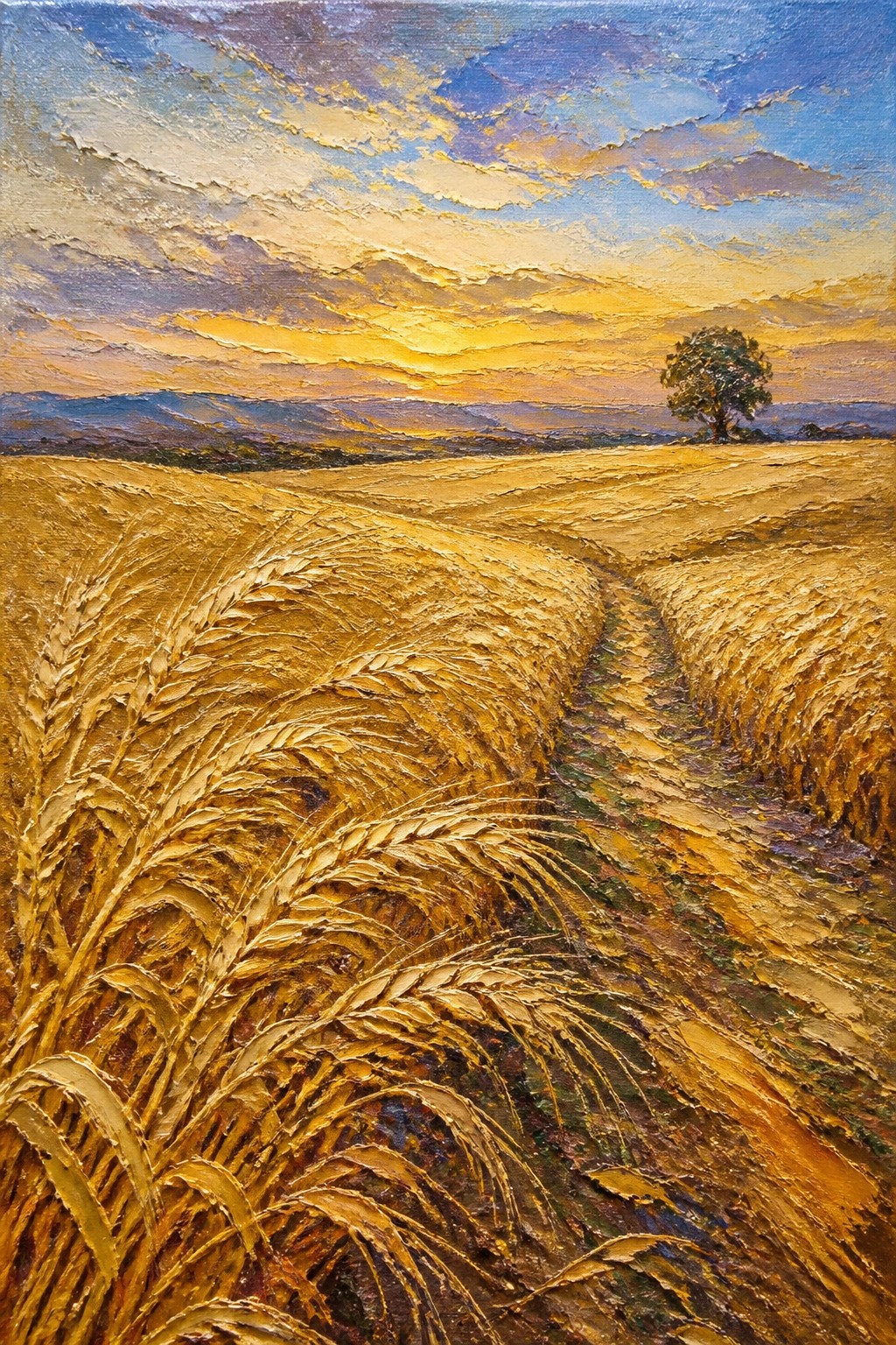 Golden wheat field with winding path, lone tree, and vibrant sunset sky in oil painting.