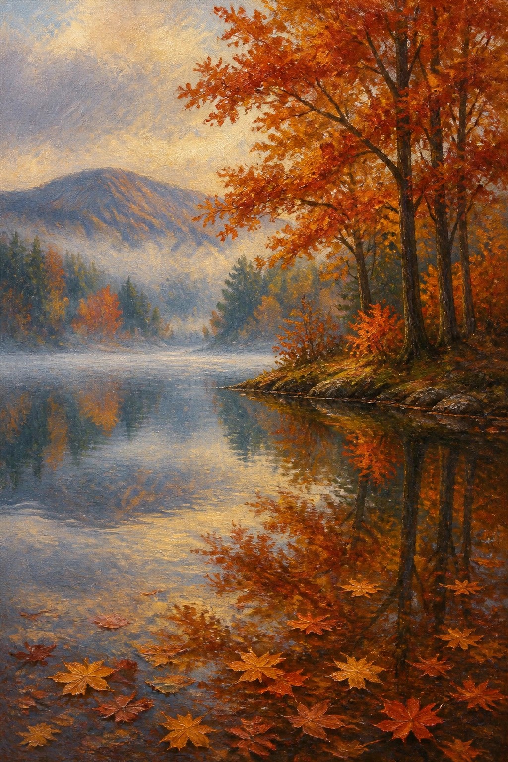 Autumn landscape with vibrant orange trees reflected in misty mountain lake