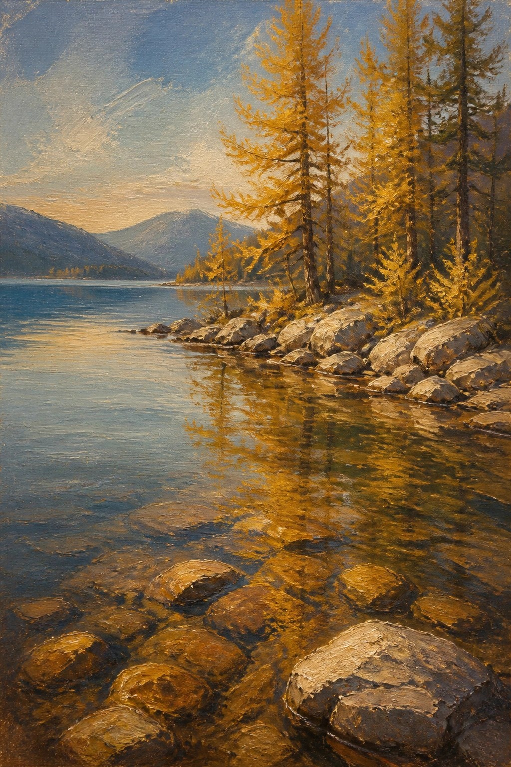 Golden autumn trees along rocky shore of reflective blue mountain lake painting