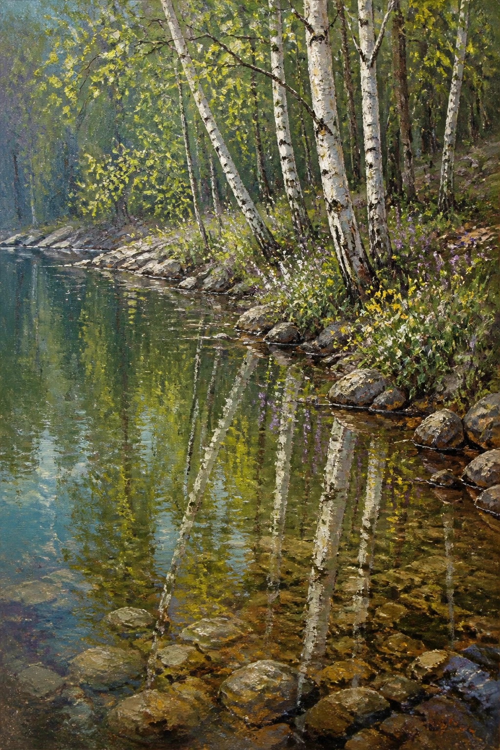 White birch trees reflected in a calm rocky stream amid wildflowers.