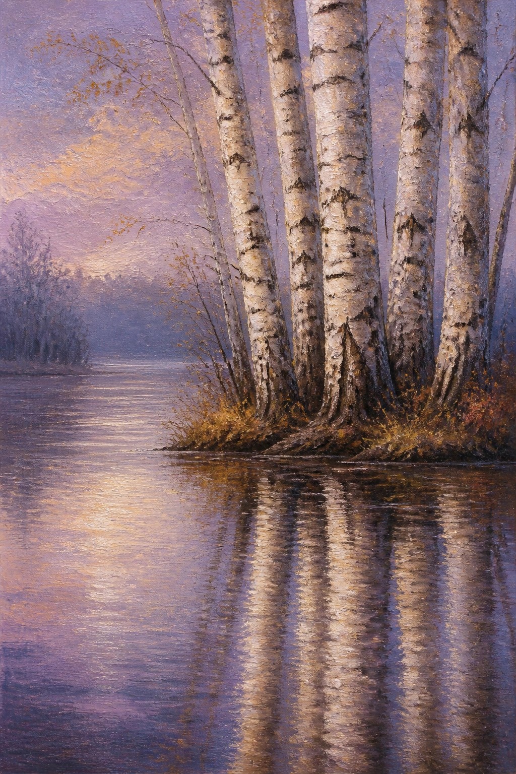 Birch trees reflected in calm purple river at twilight with golden light