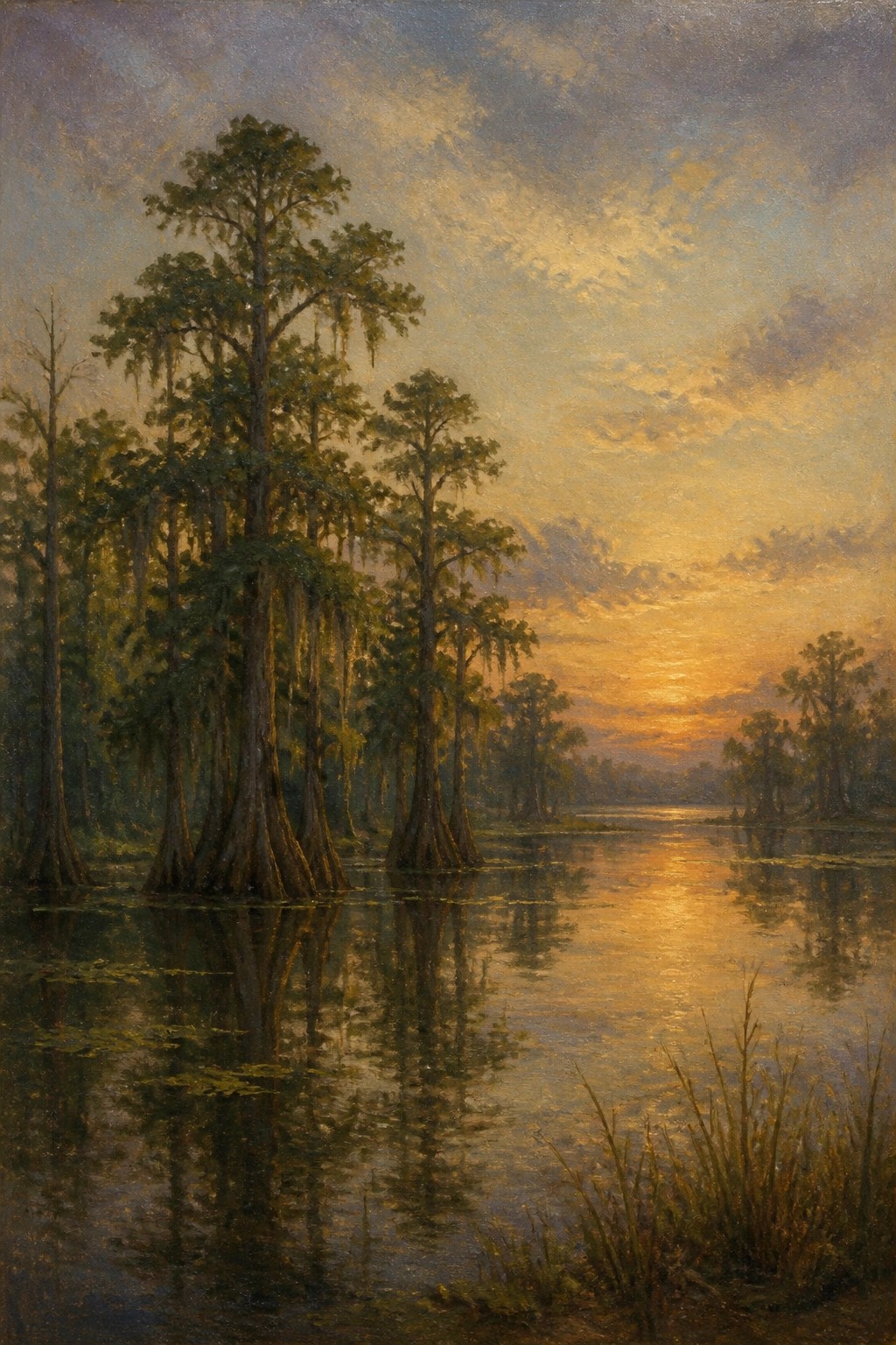 Serene swamp at sunset with mossy cypress trees reflected in golden water.