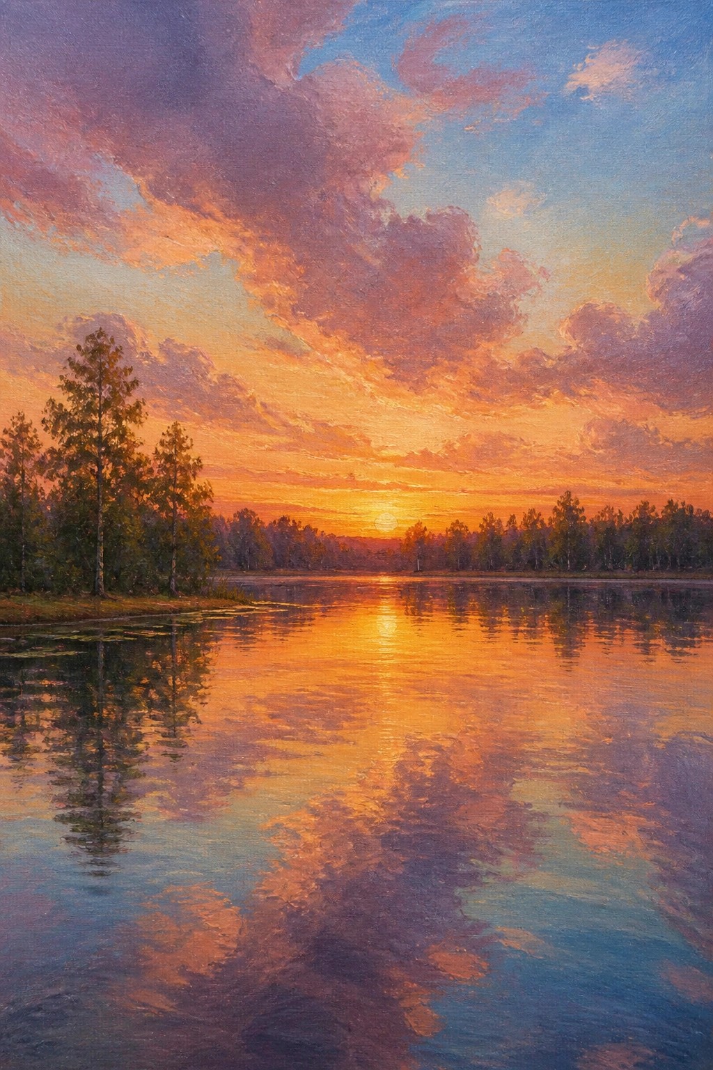 Vibrant sunset over calm lake with colorful clouds and tree reflections