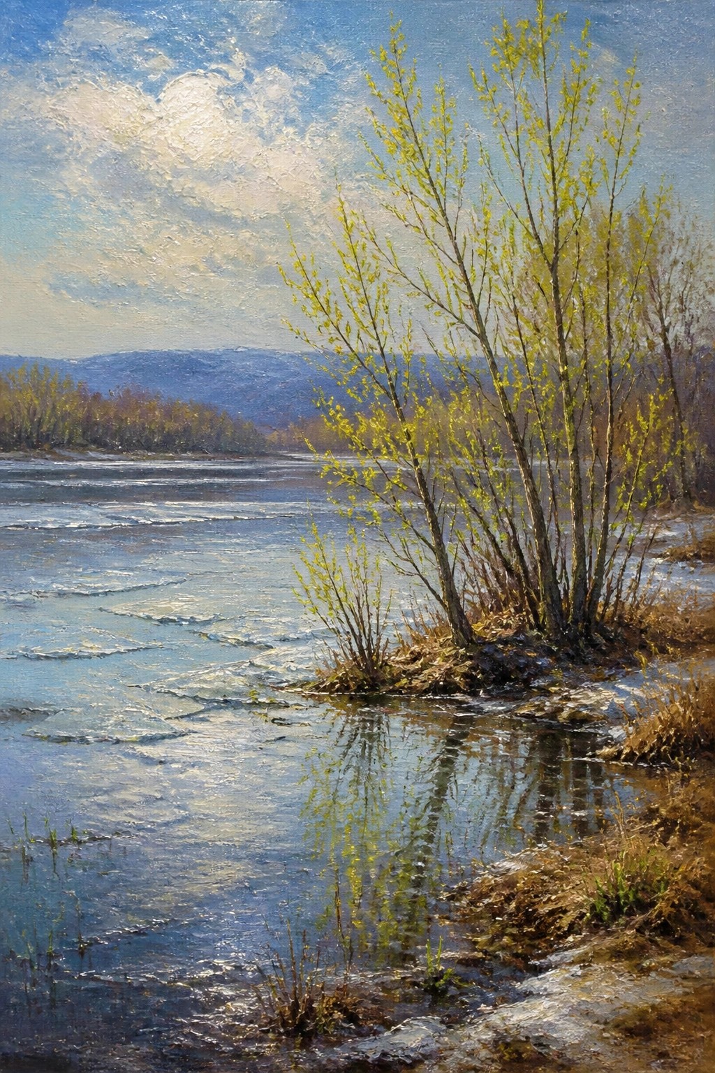 Oil painting of a partially frozen river with budding trees on the right bank, distant hills, and a bright sky with soft clouds.