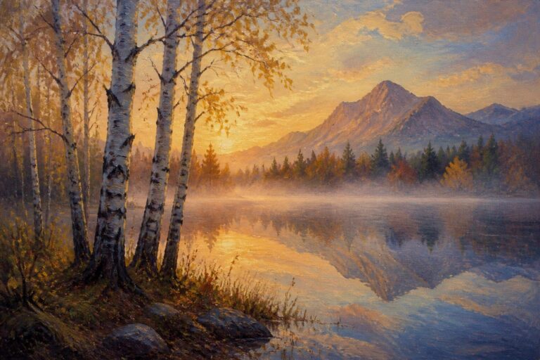 A realistic oil painting shows a calm lake at sunset with snow-capped mountains reflected in the water and several birch trees along the left shore.