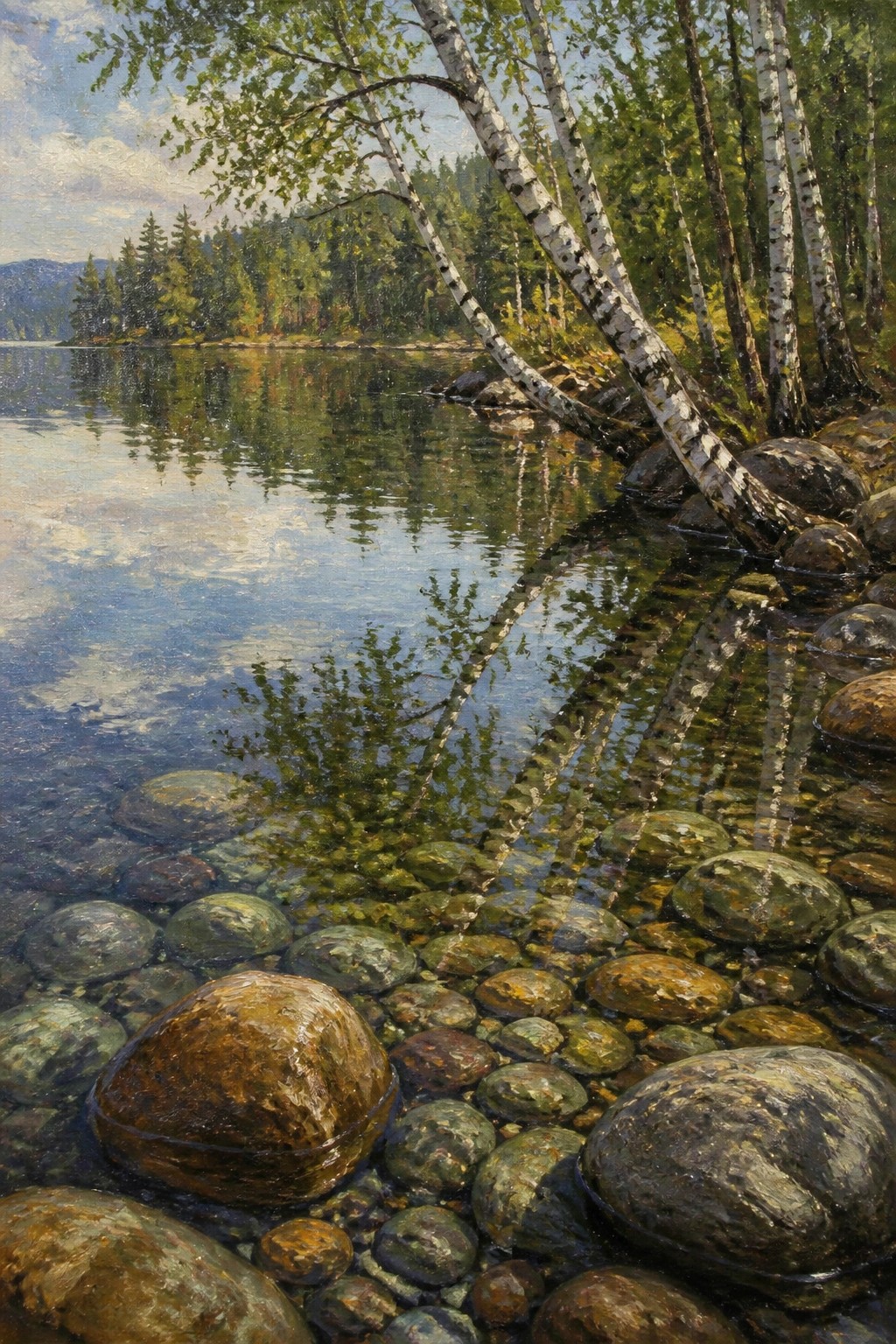 Calm lake with birch reflections over mossy rocks along a forested shoreline.