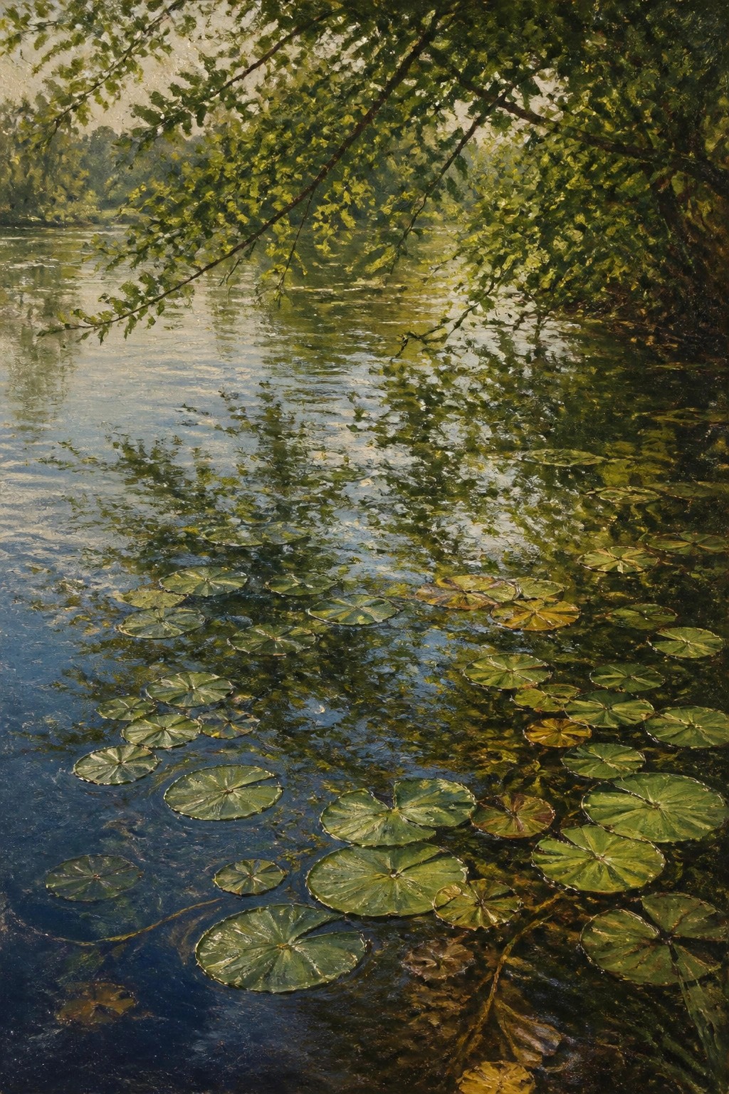An oil painting of a lake with many green lily pads floating on the water and tree branches with leaves hanging over the surface.