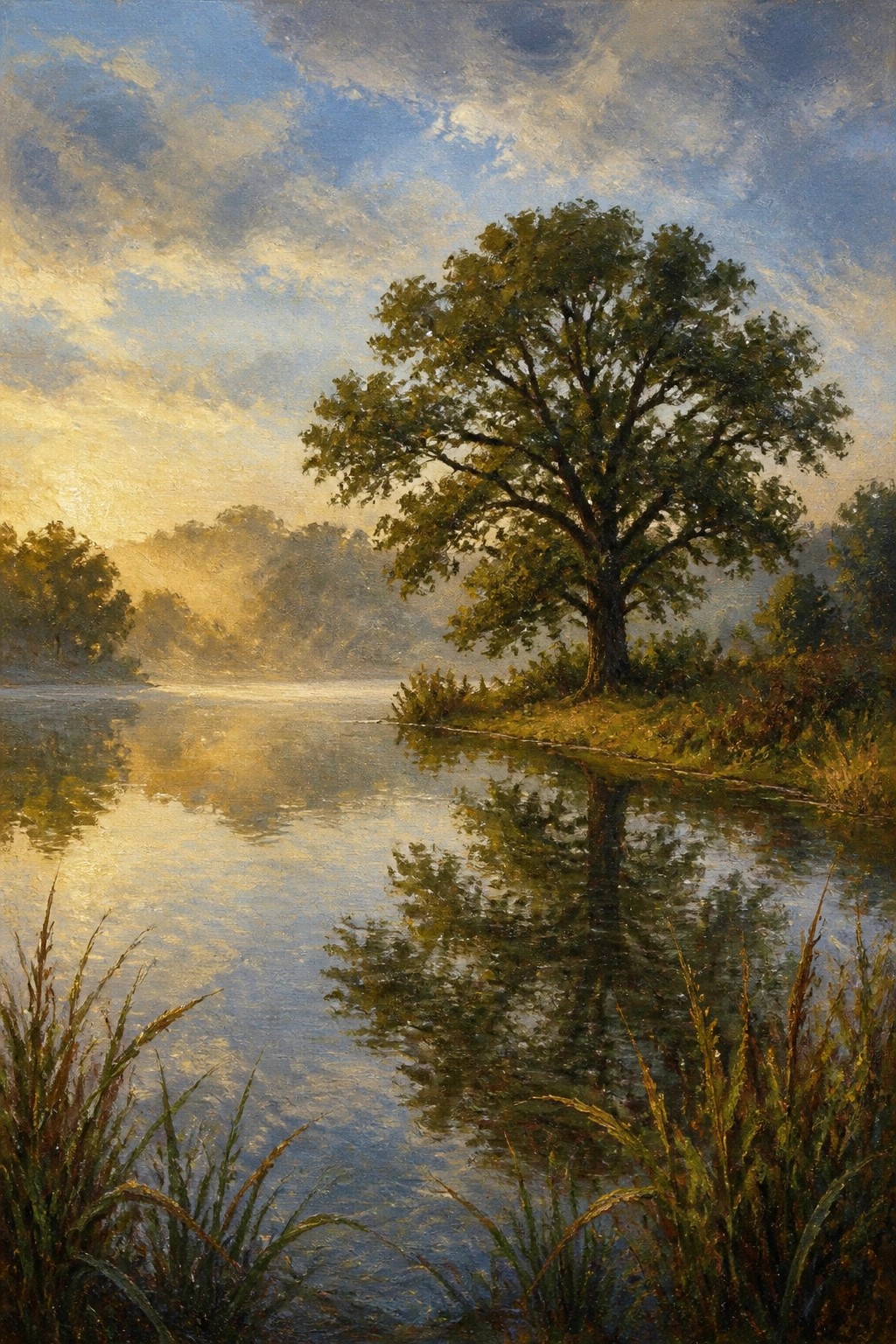 Large tree reflected in calm river at golden sunrise with misty banks