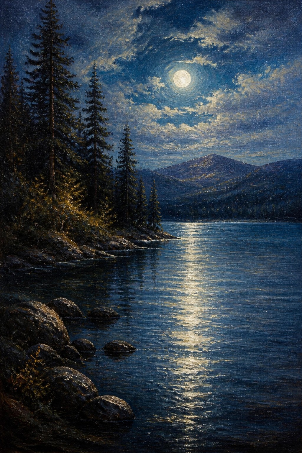 Full moon glowing over calm lake with pine trees and distant mountains at night