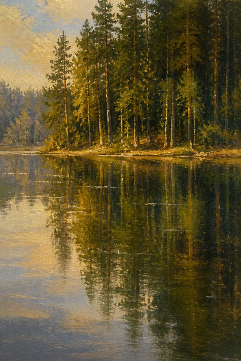 Realistic oil painting of tall pine trees along a lakeshore with clear reflections in calm water under a soft golden sky.