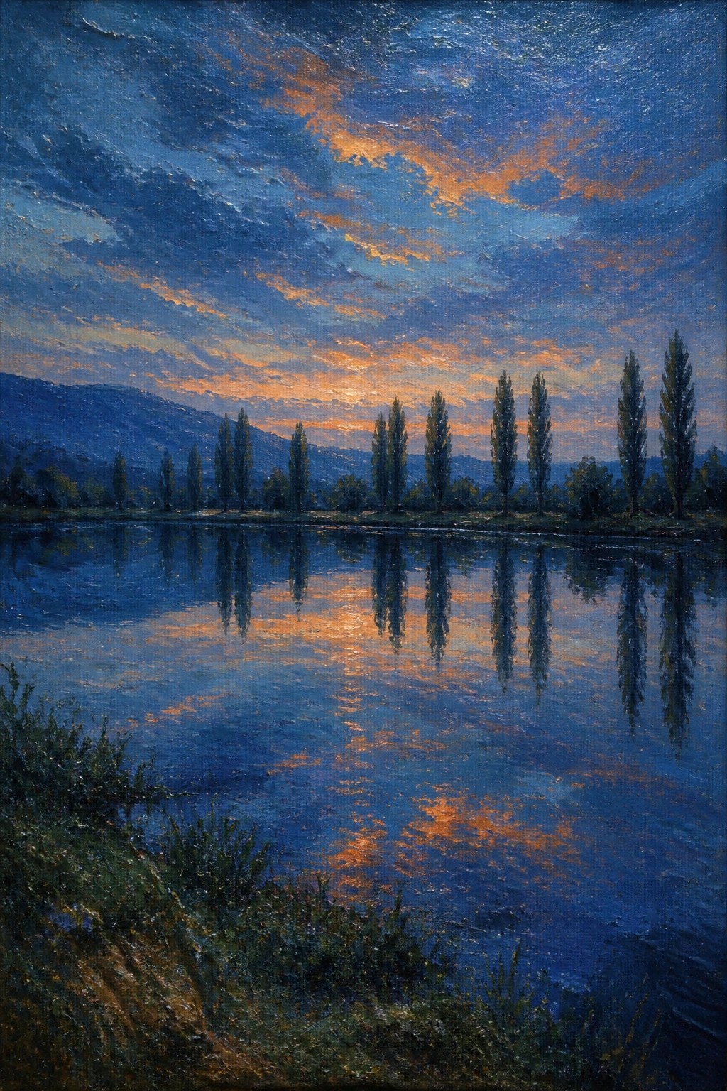 Calm lake reflecting tall poplars beneath vibrant orange-blue sunset clouds and hills