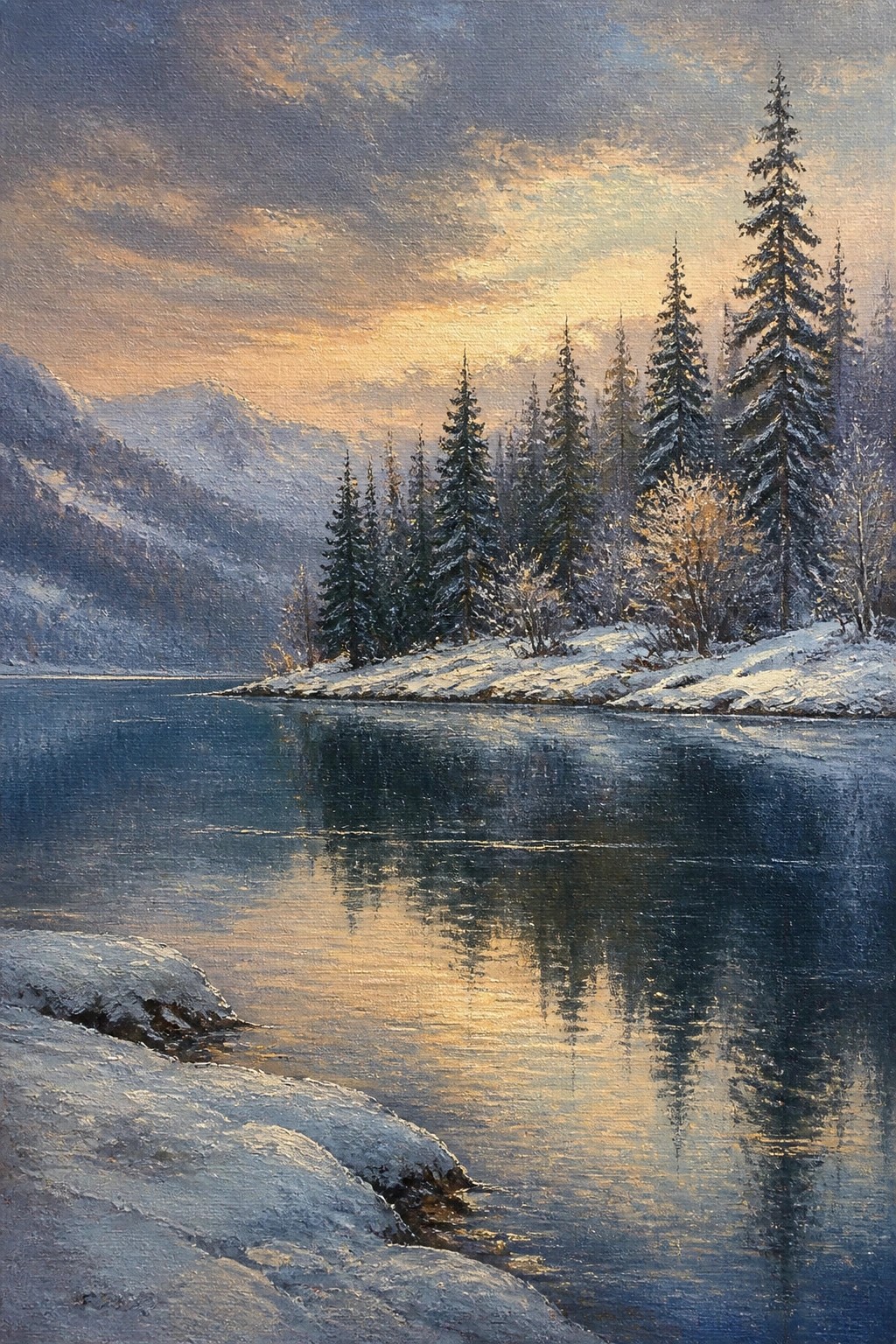 Snowy lakeside pines reflecting in calm waters under golden sunset sky
