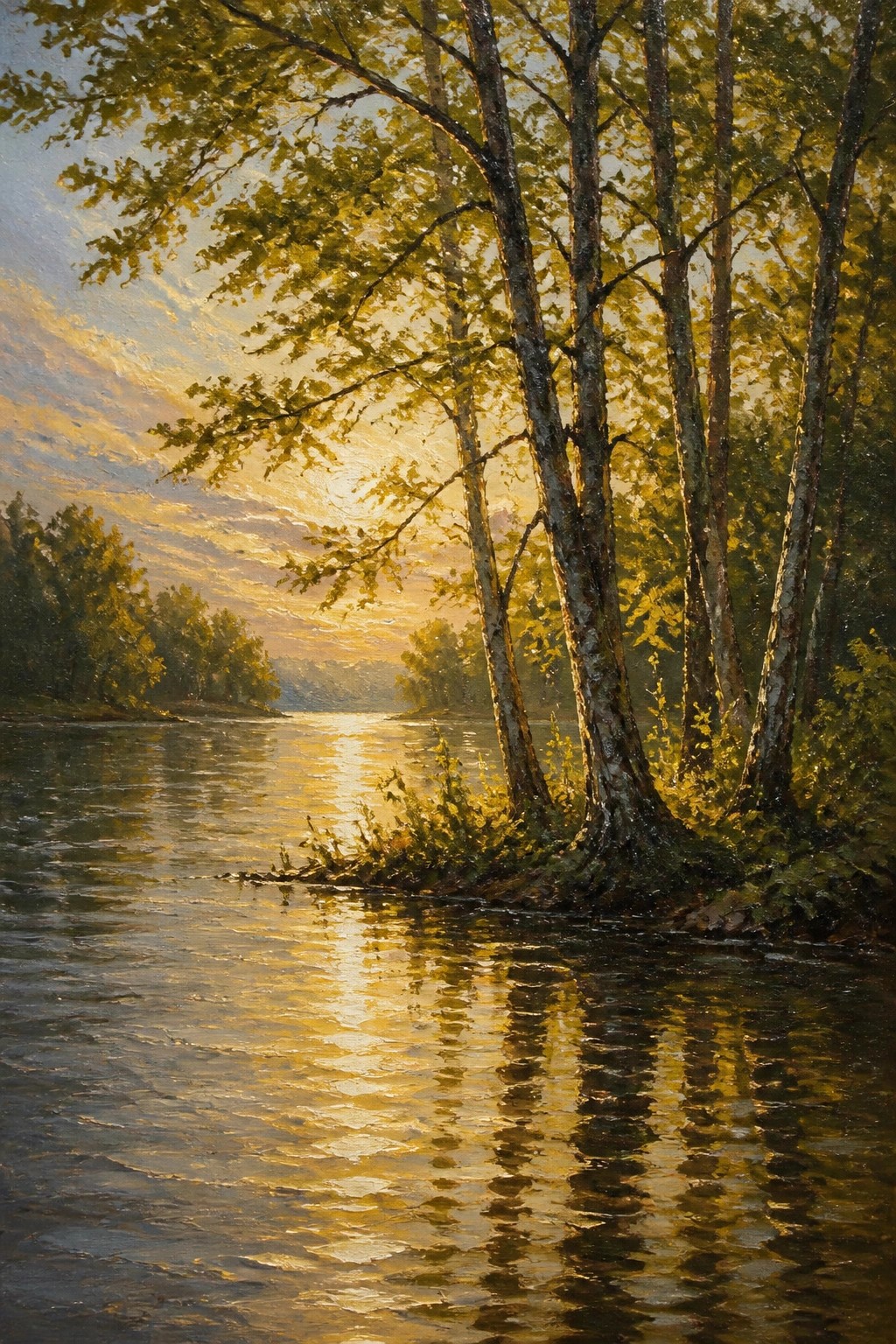 Tall trees along a river with golden sunset reflections on the water