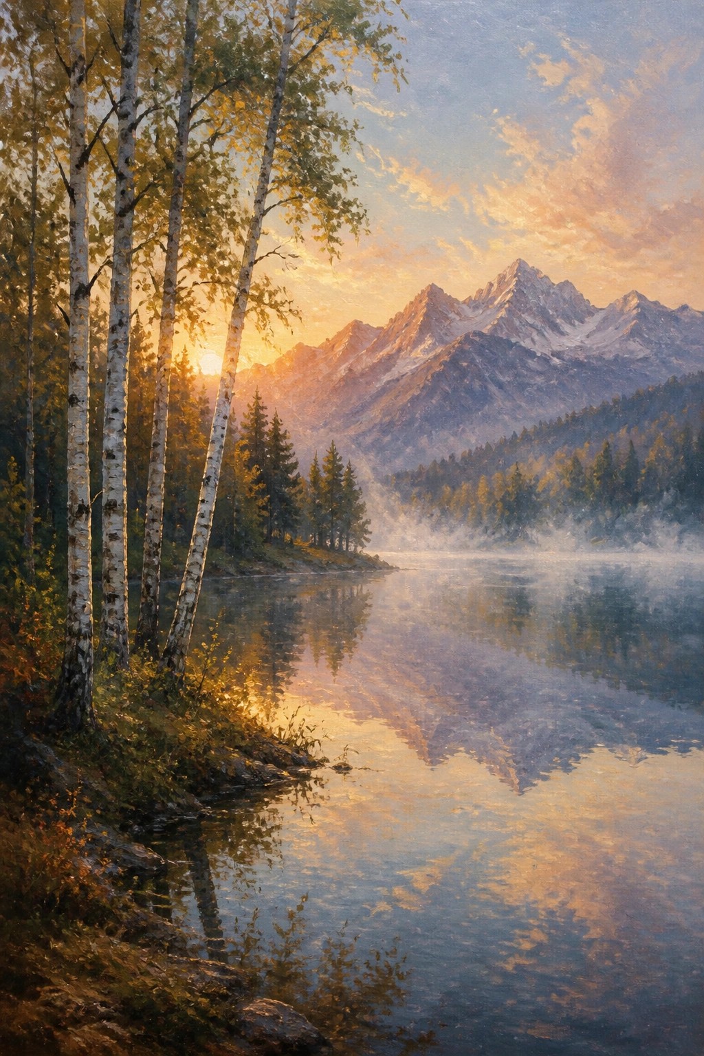 A realistic oil painting shows a calm lake at sunset with snow-capped mountains reflected in the water and several birch trees along the left shore.