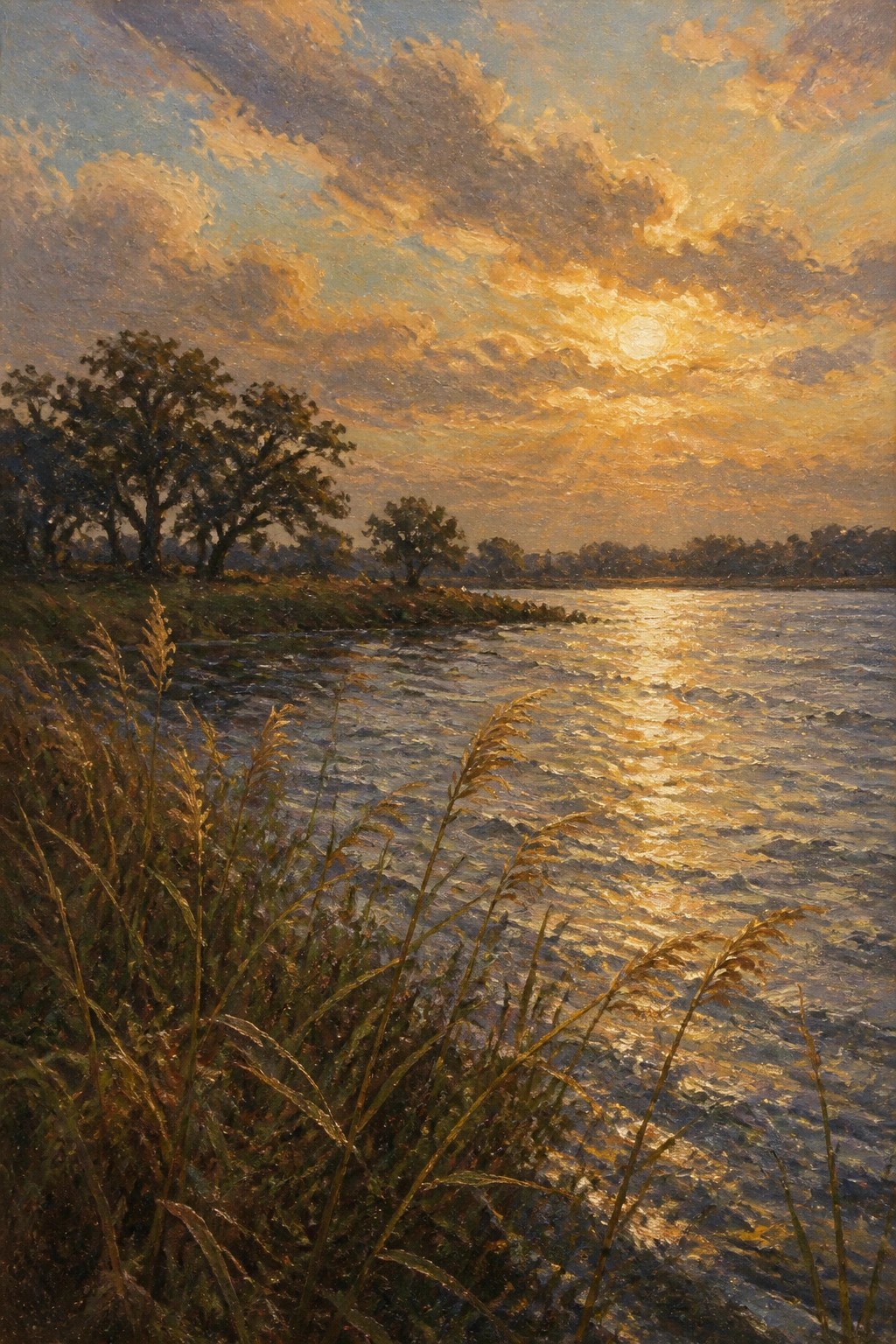 Sunset painting with golden reflections on water, trees along shore, tall grass foreground.