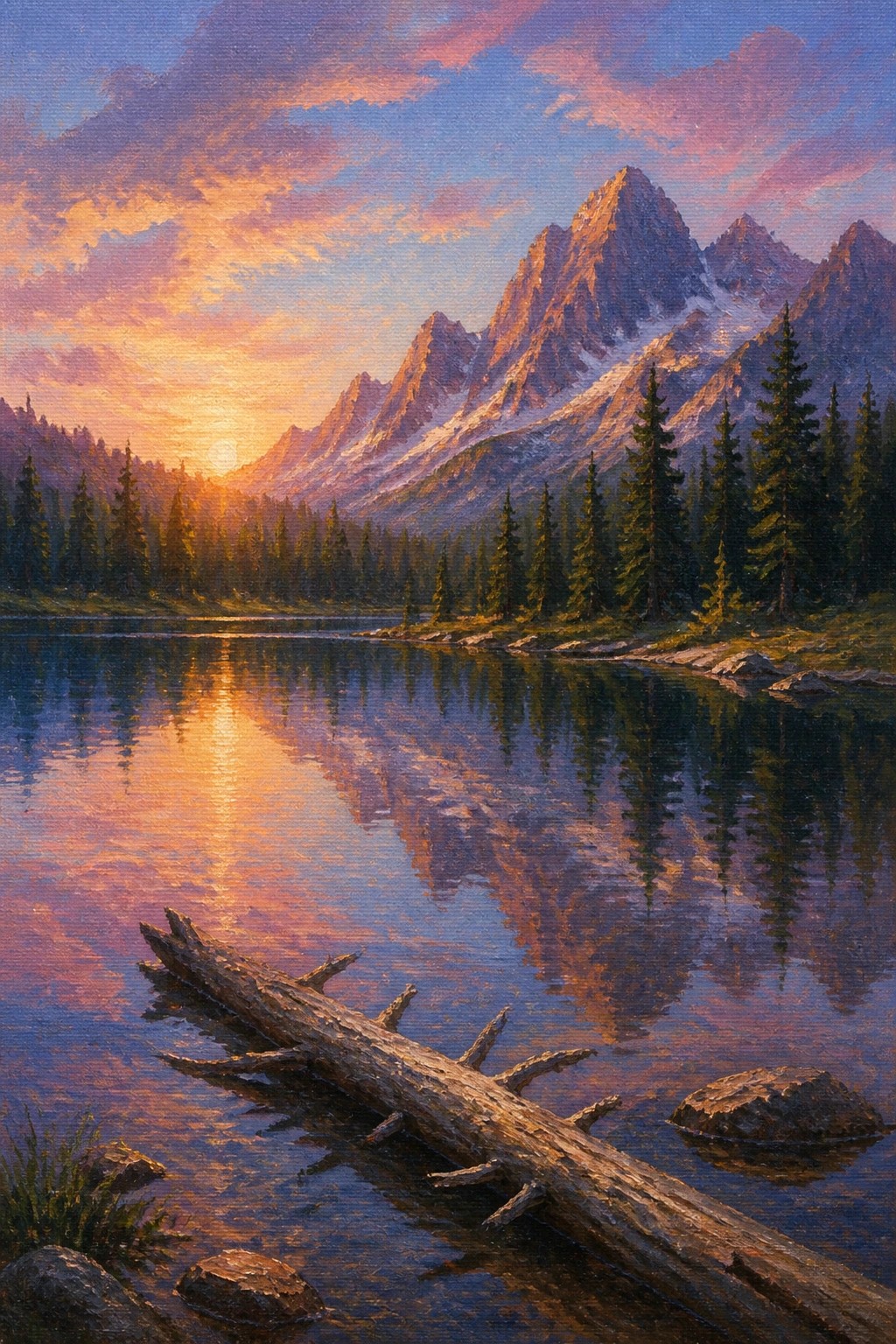 Oil painting of sunset mountains reflected in lake with fallen log foreground.