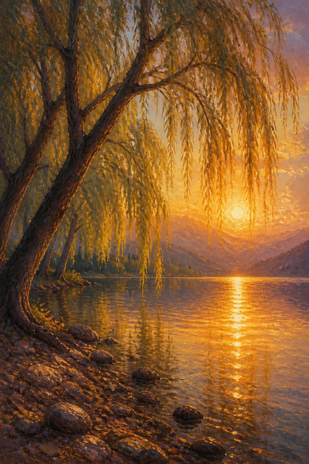 Sunset over a mountain lake framed by a golden weeping willow on rocky shore