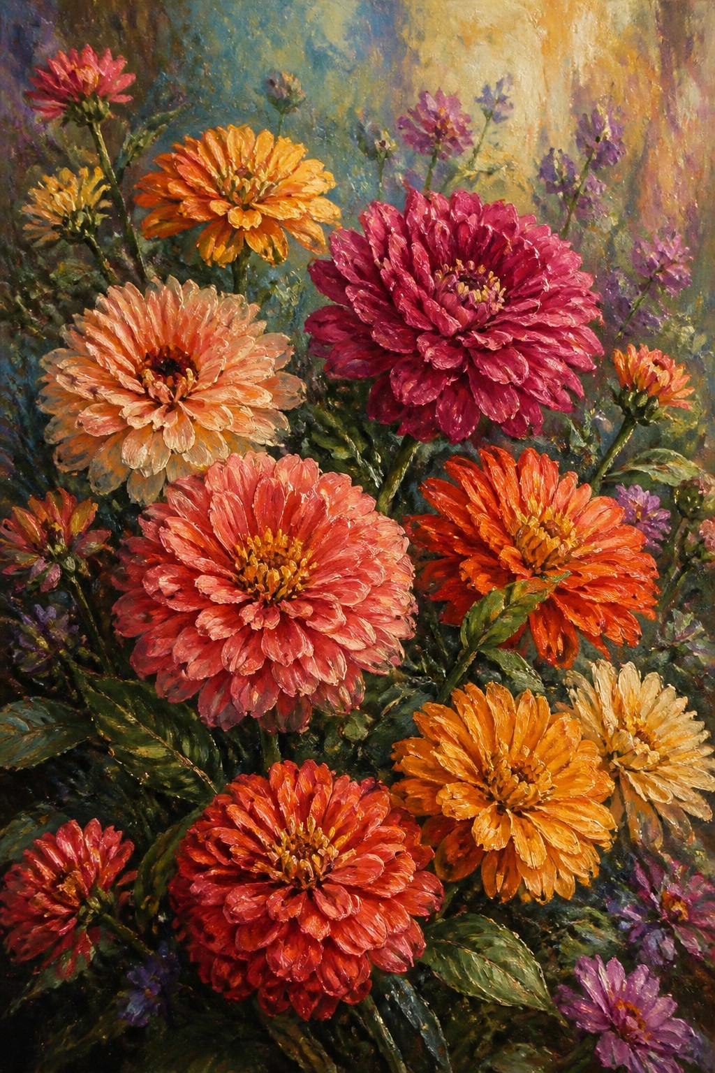 Vibrant zinnia flowers blooming in vivid reds, oranges, pinks, and yellows with green foliage.